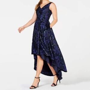 Calvin Klein Navy Blue Floral Sequin Embroidered Embellished Sleeveless Gown